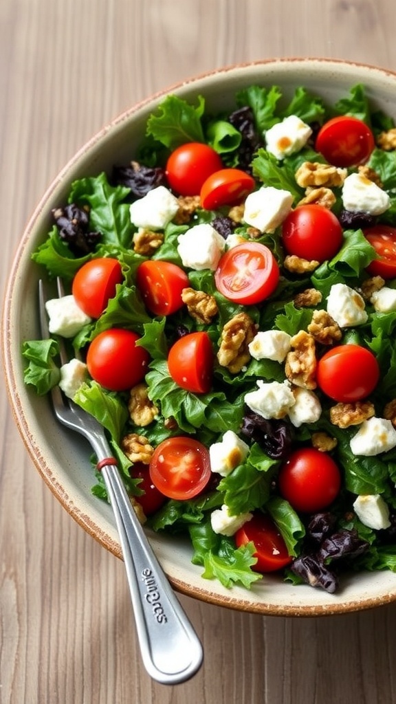 A colorful kale salad with goat cheese, cherry tomatoes, and walnuts in a rustic bowl.